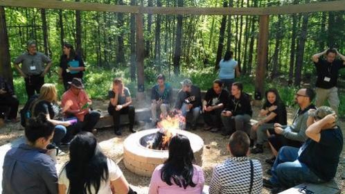Group photo of people sitting around a campfire in the woods